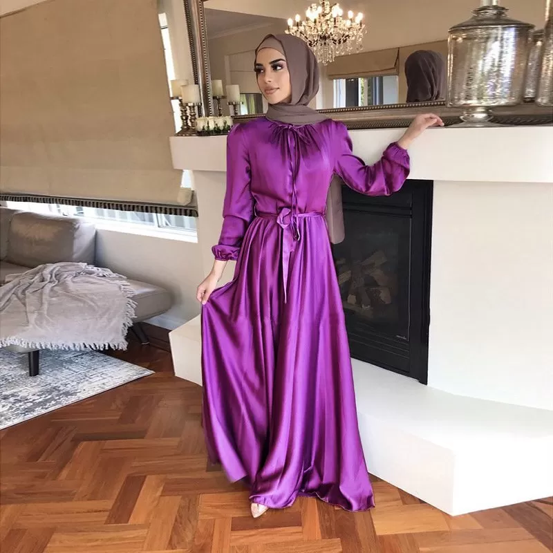 8 Colors Option Muslim Women Satin Abaya Dress