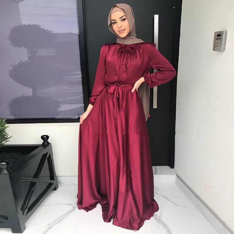 8 Colors Option Muslim Women Satin Abaya Dress