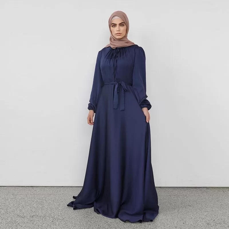 8 Colors Option Muslim Women Satin Abaya Dress