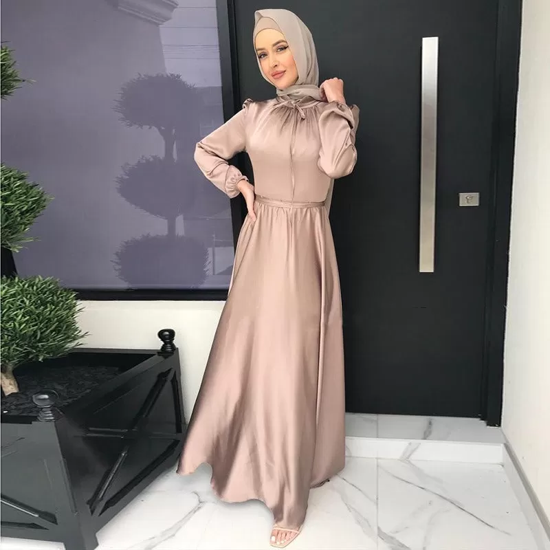 8 Colors Option Muslim Women Satin Abaya Dress