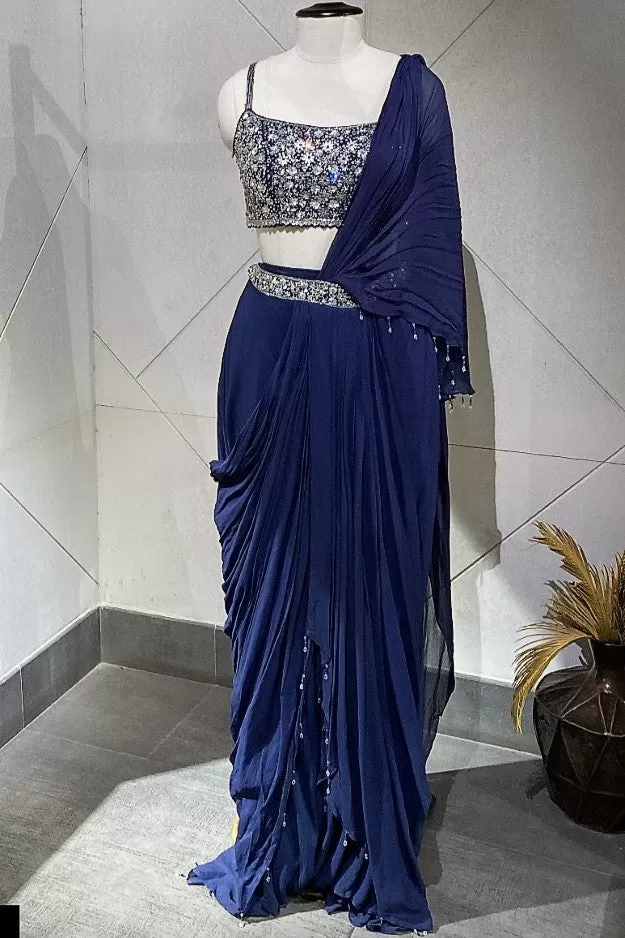 91A001 Navy Embroidered Belted Georgette Saree with Blouse