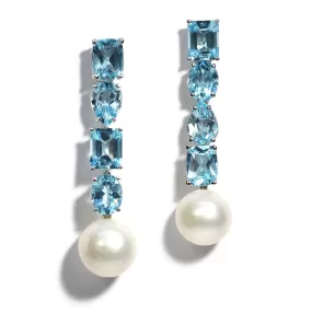 A & Furst - Bonbon - Drop Earrings with Sky Blue Topaz and White Pearls, 18k White Gold