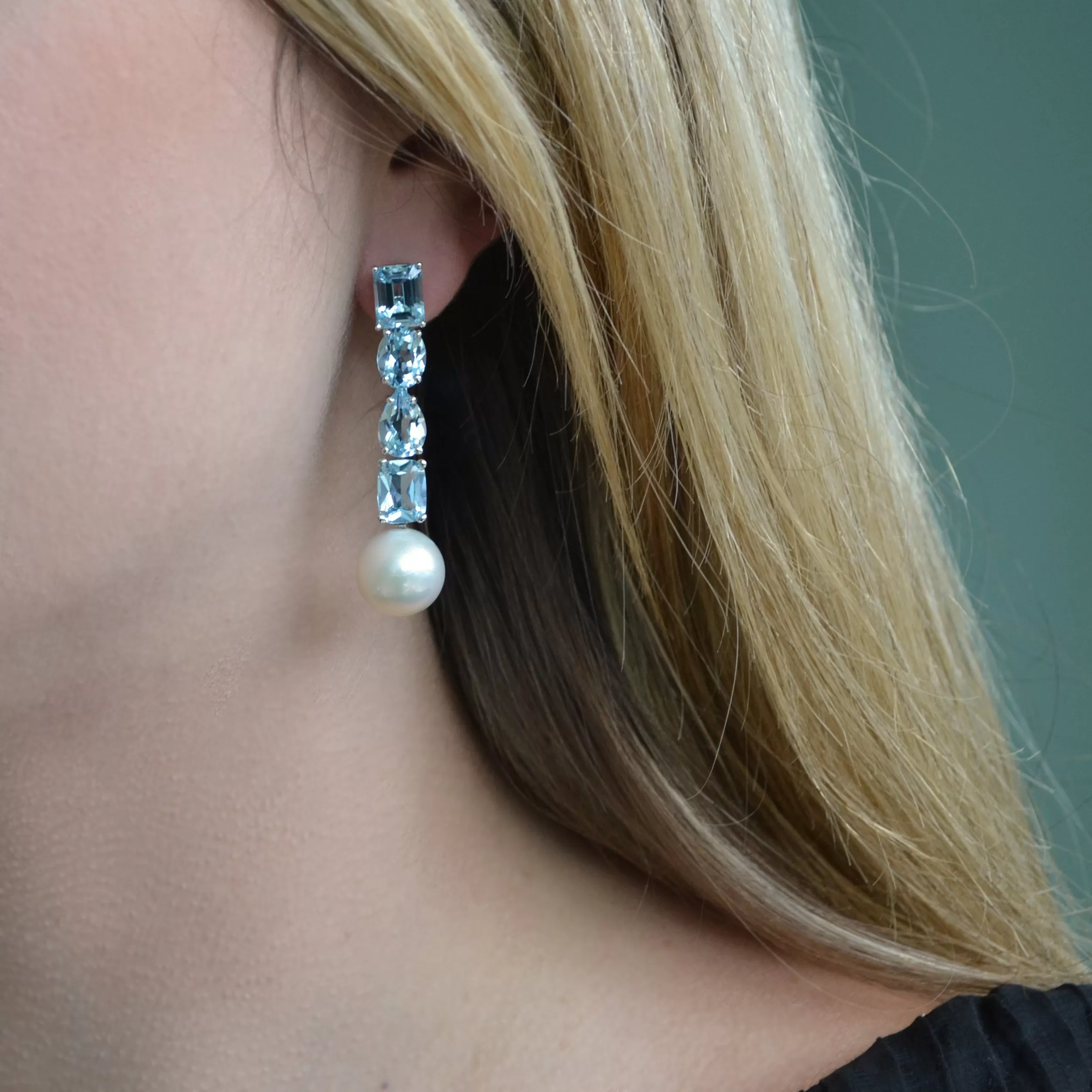 A & Furst - Bonbon - Drop Earrings with Sky Blue Topaz and White Pearls, 18k White Gold