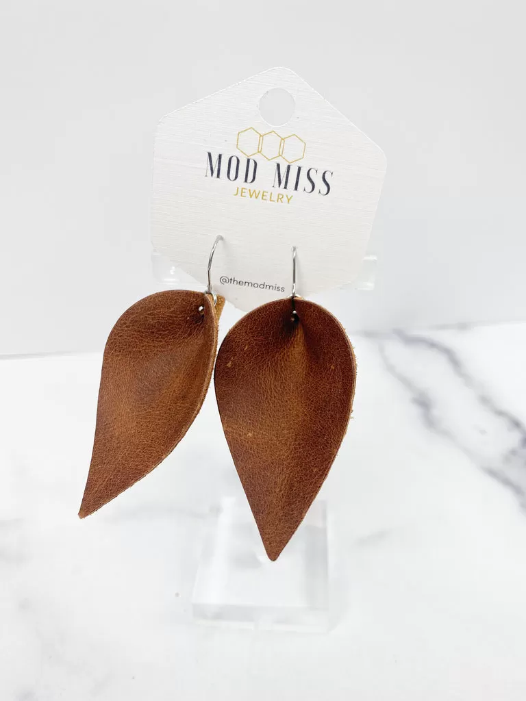 Aged Brandy Worn Brown Leather Petal Earrings