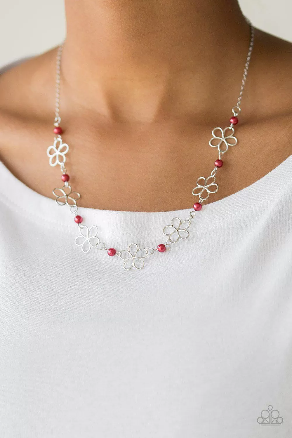 Always Abloom Red and Silver Flower Necklace - Paparazzi Accessories