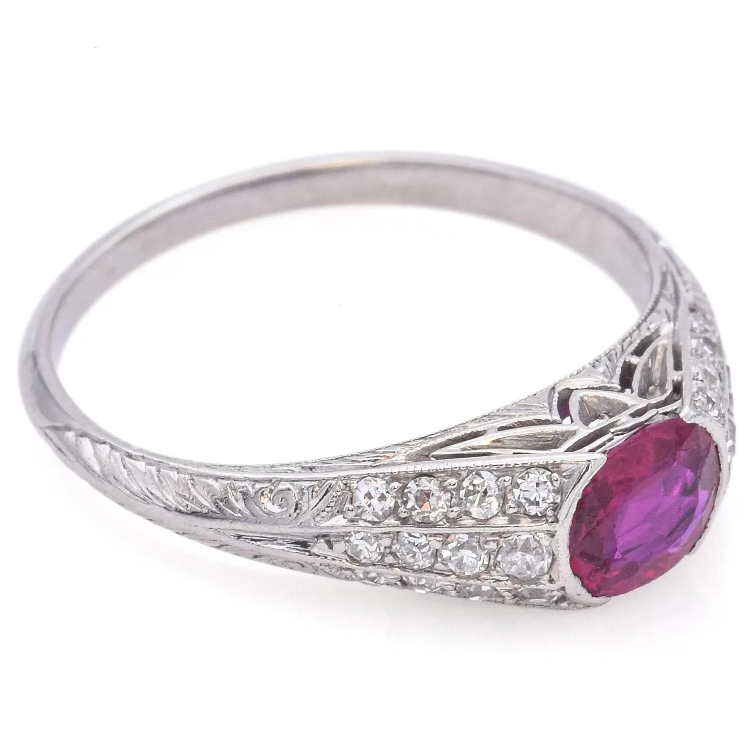 Antique Platinum 0.44 Ct Ruby & 0.14 TCW Old Cut Diamond Band Ring Size 4.5