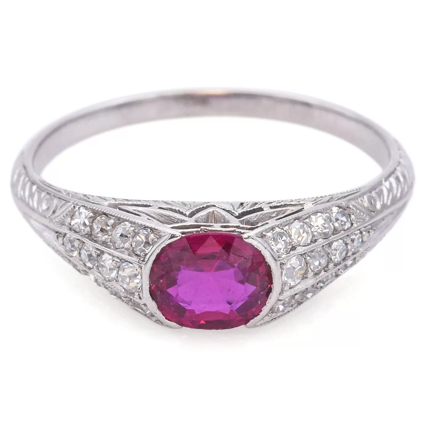 Antique Platinum 0.44 Ct Ruby & 0.14 TCW Old Cut Diamond Band Ring Size 4.5