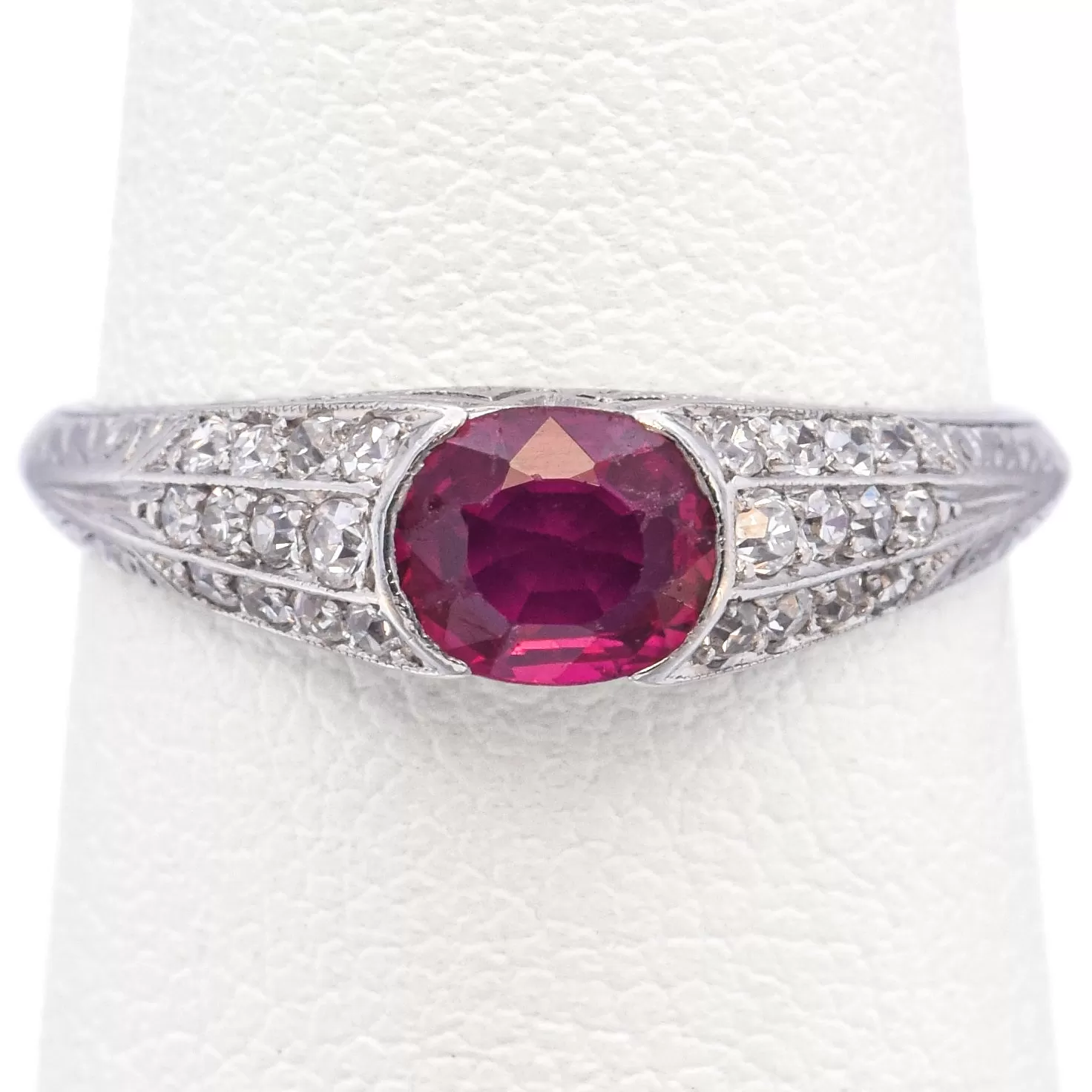 Antique Platinum 0.44 Ct Ruby & 0.14 TCW Old Cut Diamond Band Ring Size 4.5