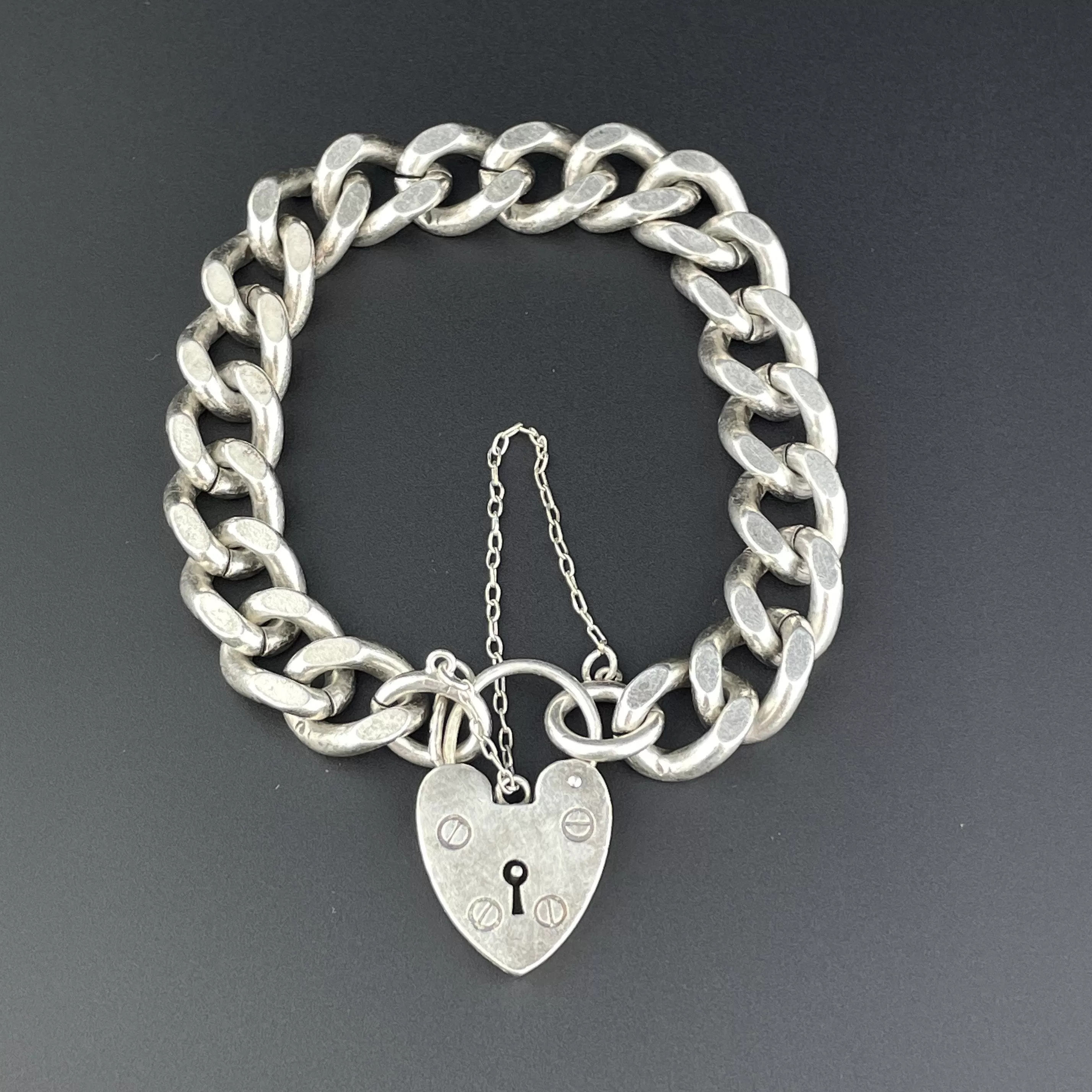 Antique Silver English Heat Padlock Curb Chain Bracelet