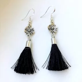 Antique Silver Flower with Black Tassel Dangle Earrings