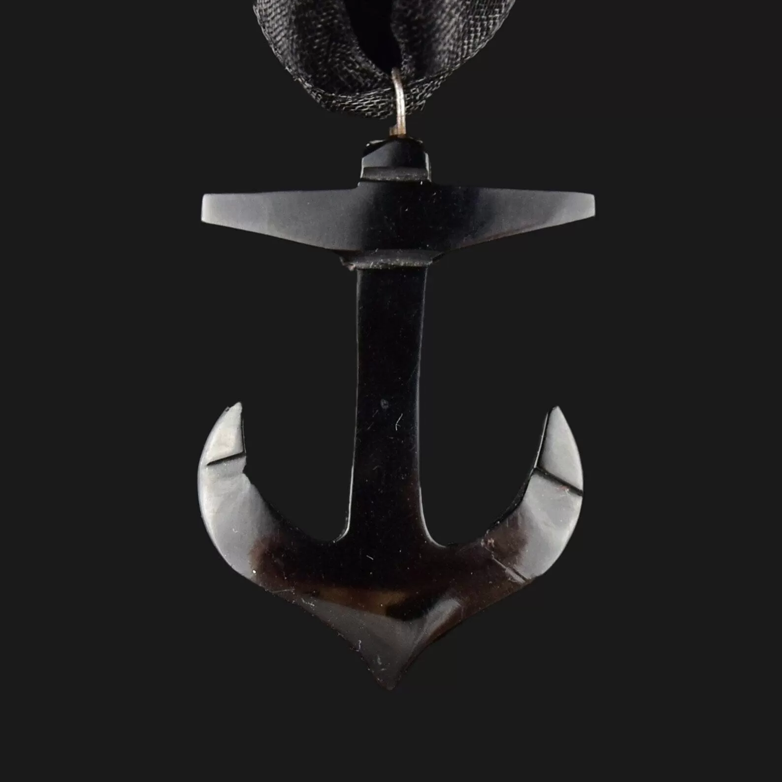 Antique Victorian Carved Whitby Jet Anchor Pendant