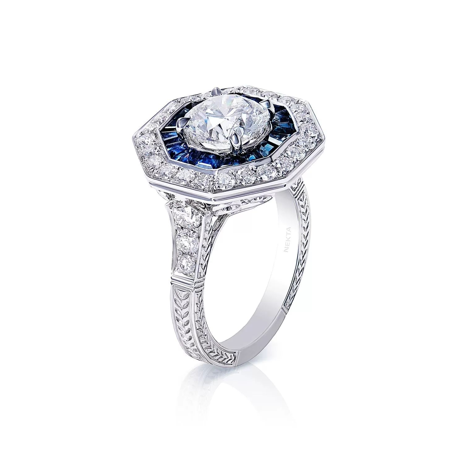 Ariella Vintage Style Octagon, halo 4 Carat Round Brilliant Earth Mined Diamond Engagement Ring in 18kt White Gold.