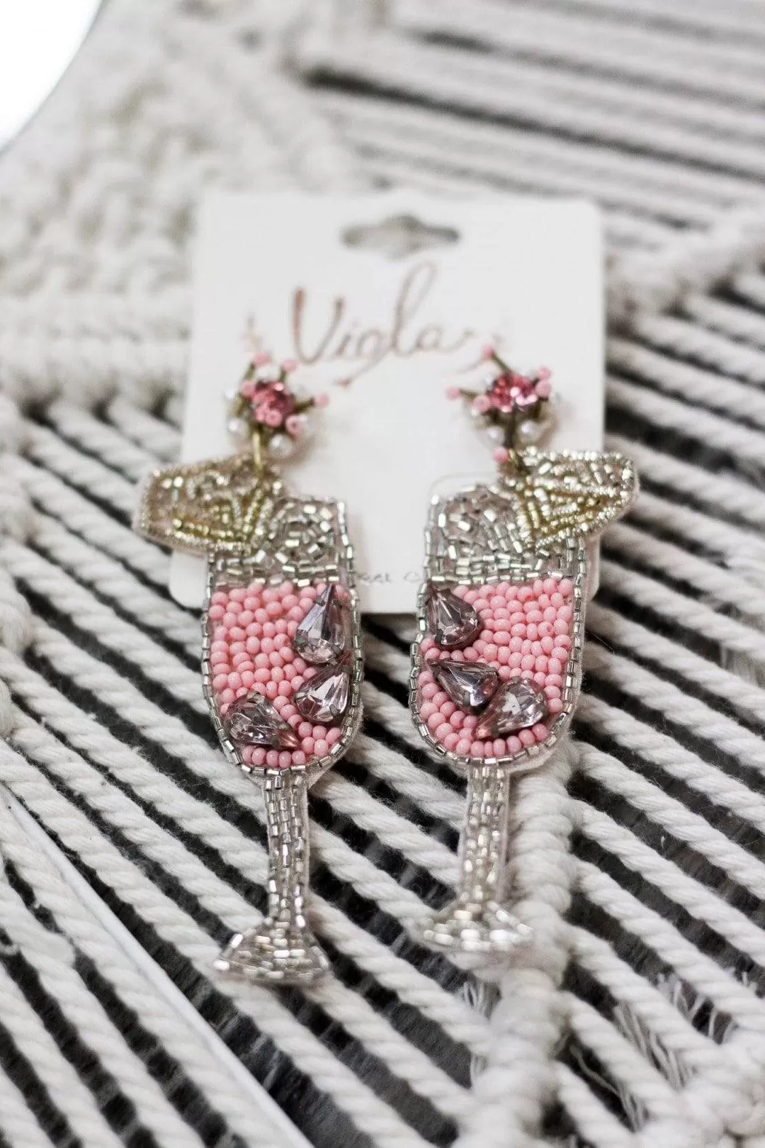 Beaded Pink Champagne Glass Earrings