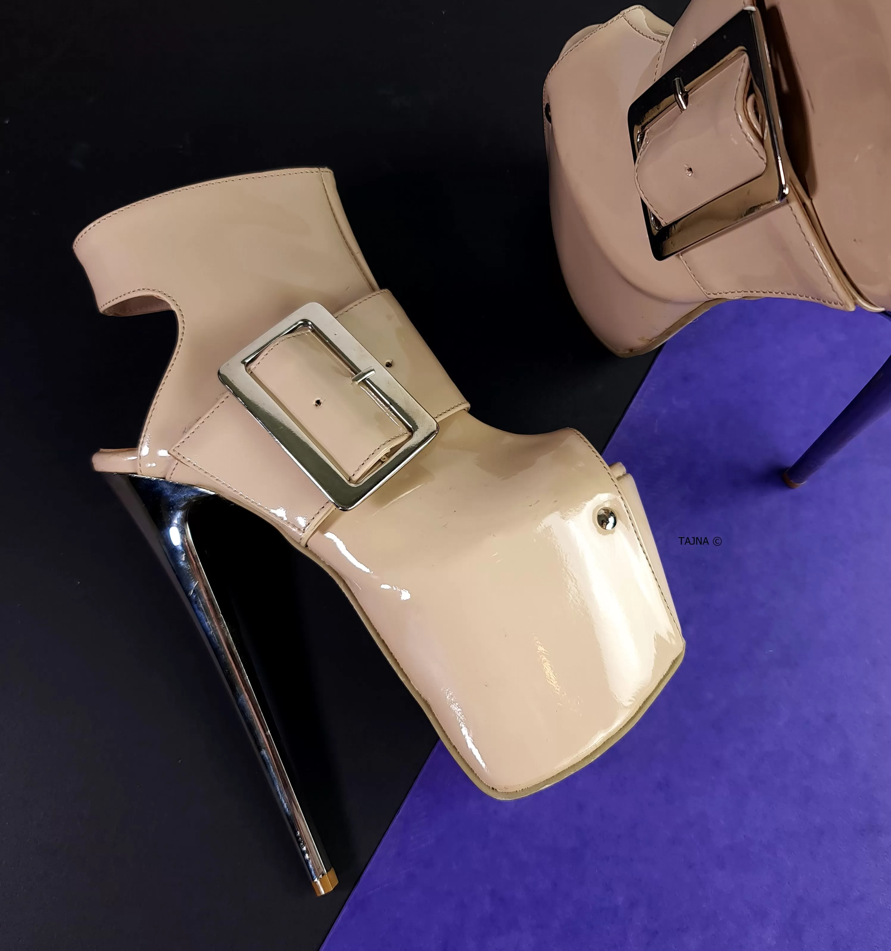 Beige Gloss Big Belted Ankle Heels