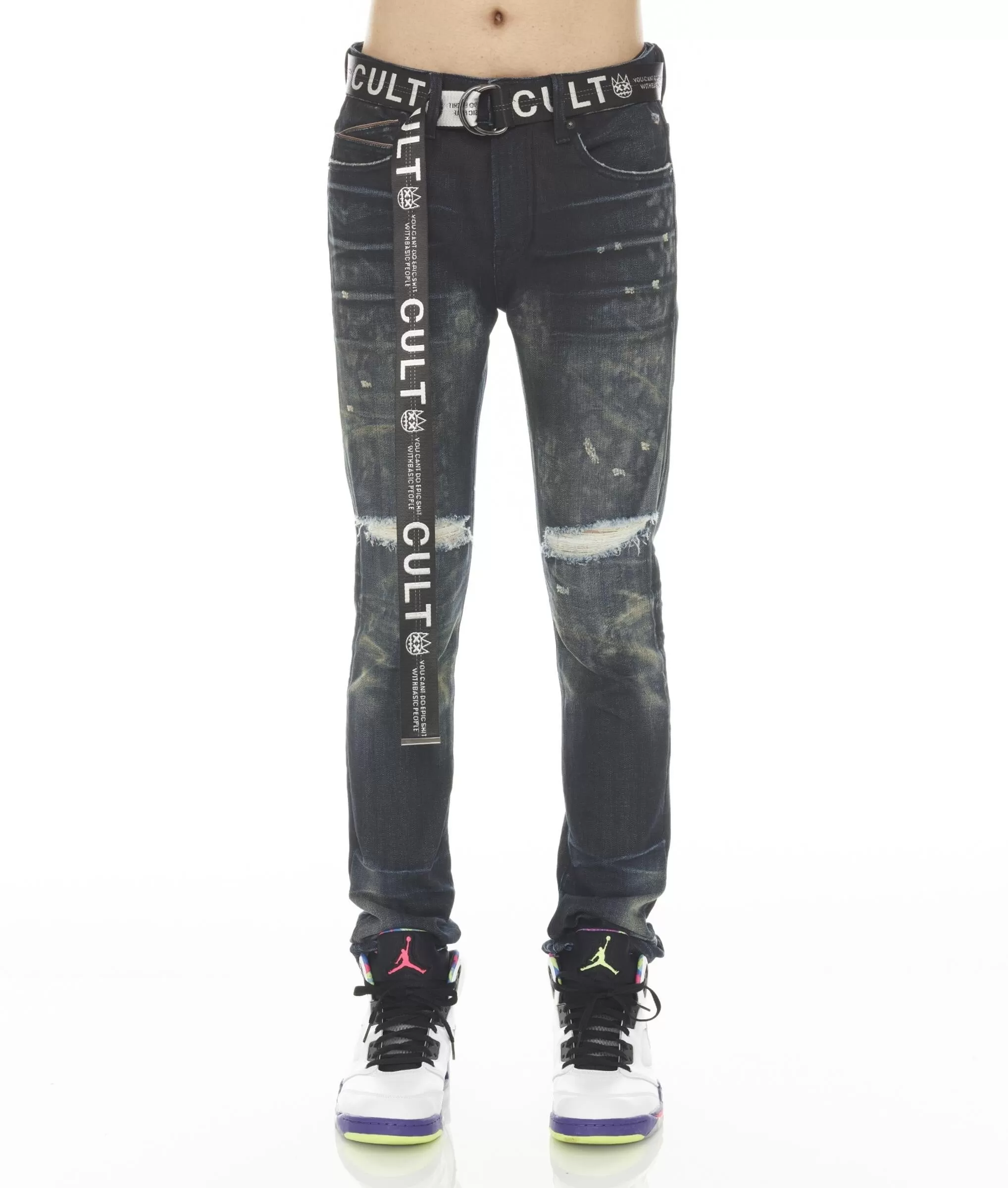 Belted Knee Ripped Denim (Dark Blue) C2