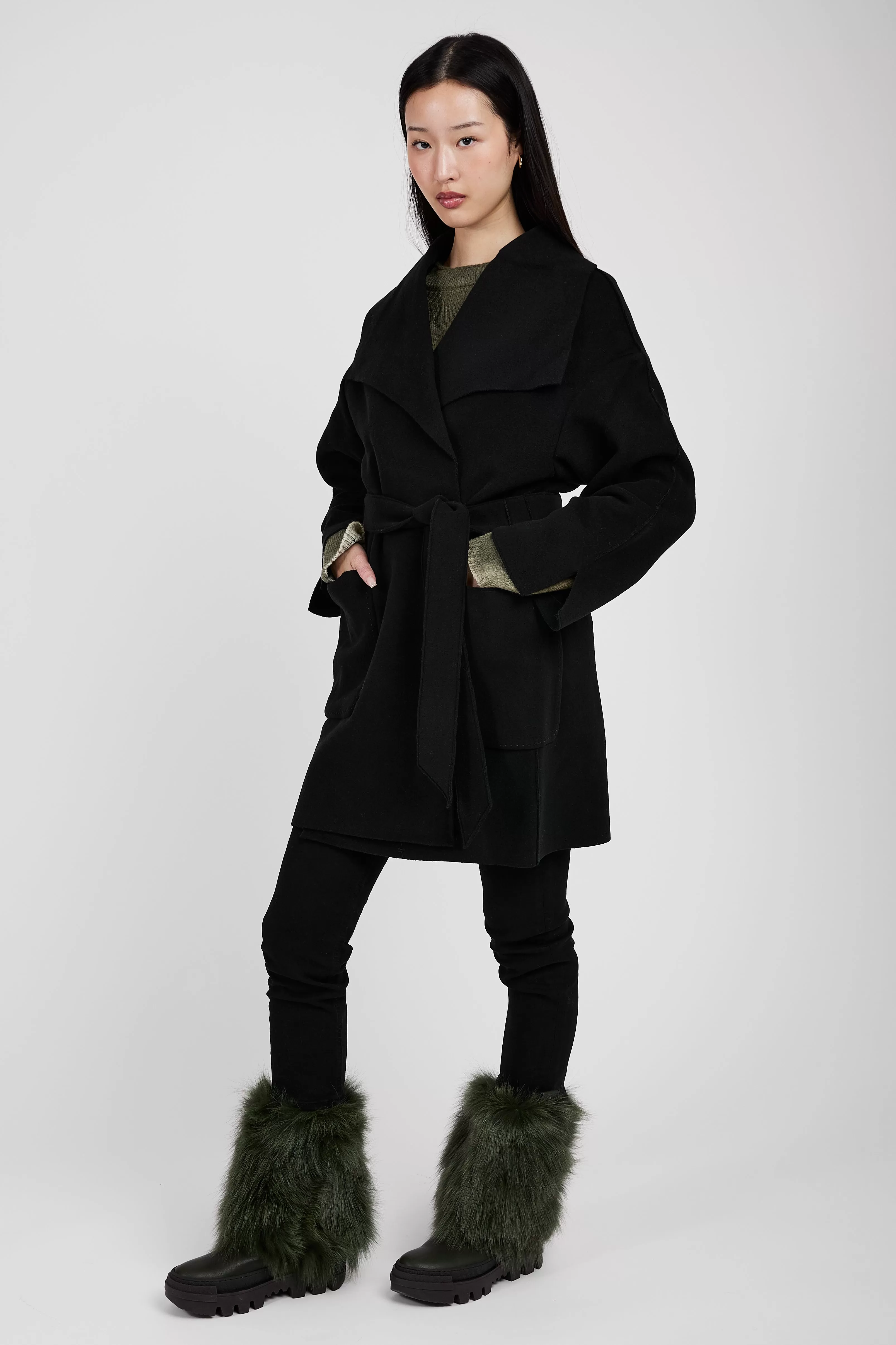 Belted Wrap Wool Coat in Black