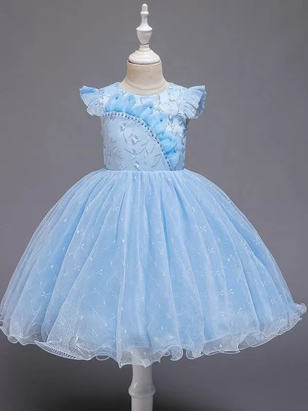 Blue Kids Lace Wedding Ceremony Dresses Summer Children Party Elegant Princess Long Tulle Baby Girls