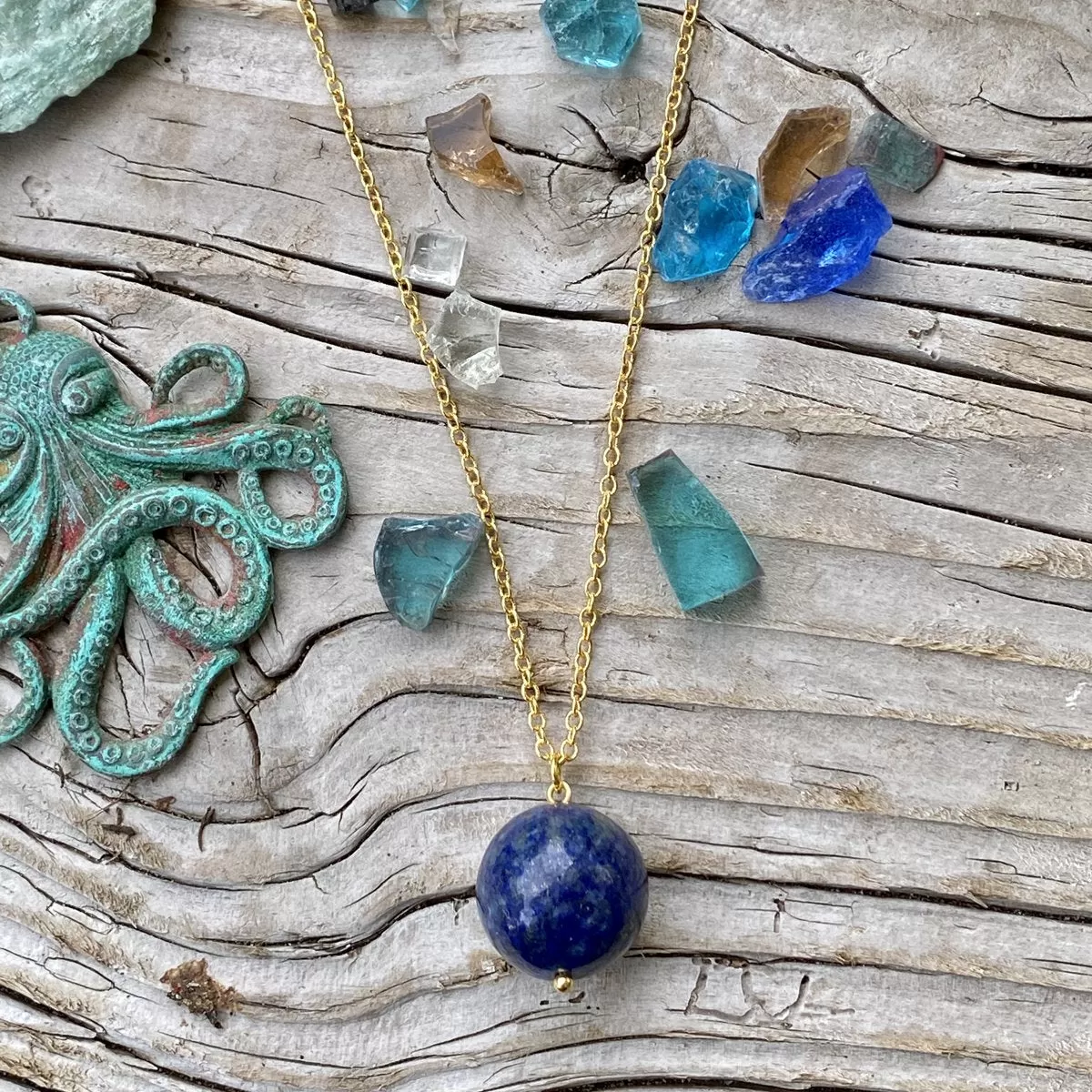 Blue Marble Ocean Blue Necklace and Earring Set with Lapis Lazuli Earth Symbol - Gold