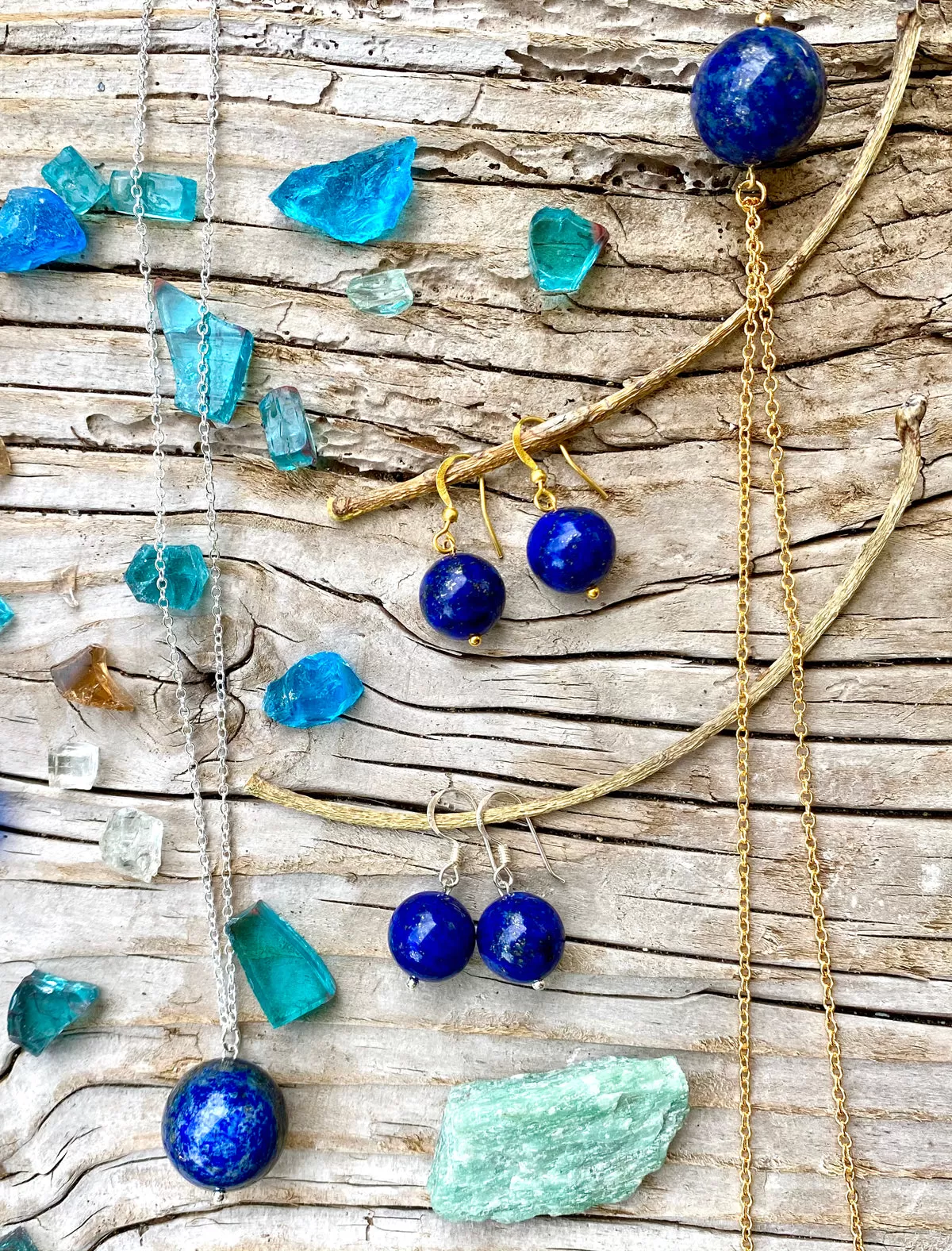 Blue Marble Ocean Blue Necklace and Earring Set with Lapis Lazuli Earth Symbol - Gold