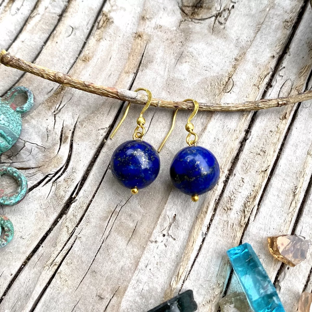 Blue Marble Ocean Blue Necklace and Earring Set with Lapis Lazuli Earth Symbol - Gold