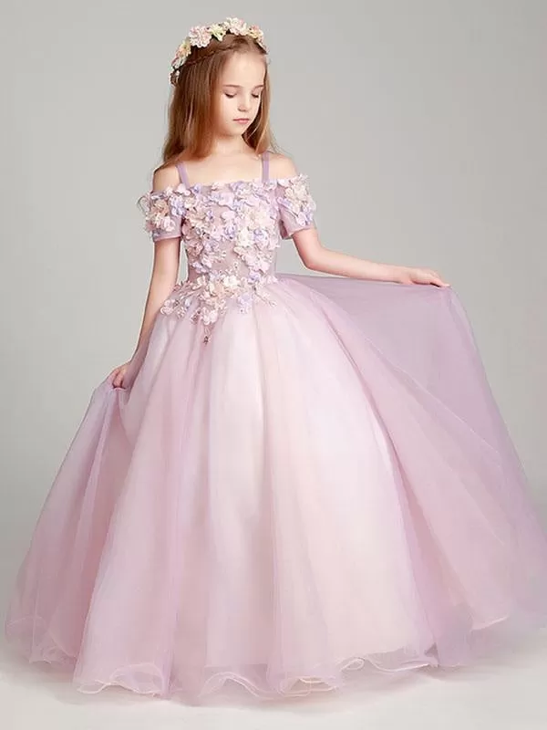 Blush Pink Off The Shoulder Flower Girl Dresses Illusion Applique Floor Length Kids Pageant Dresses