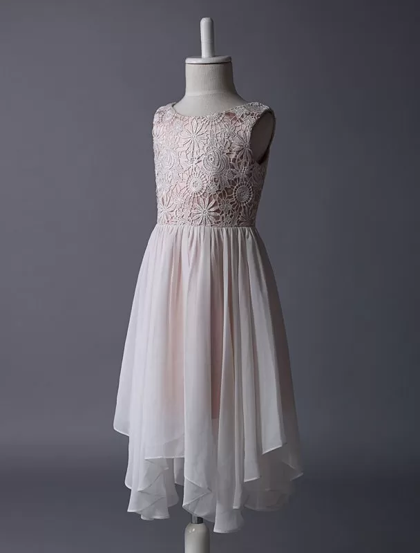 Boho Blush Pink Flower Girl Dress Tea Length Lace Chiffon Kids Party Dresses