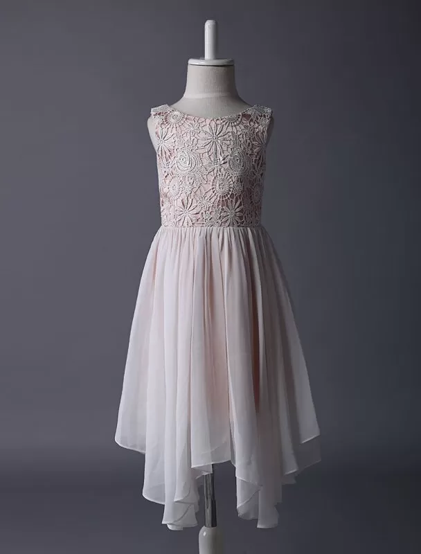 Boho Blush Pink Flower Girl Dress Tea Length Lace Chiffon Kids Party Dresses