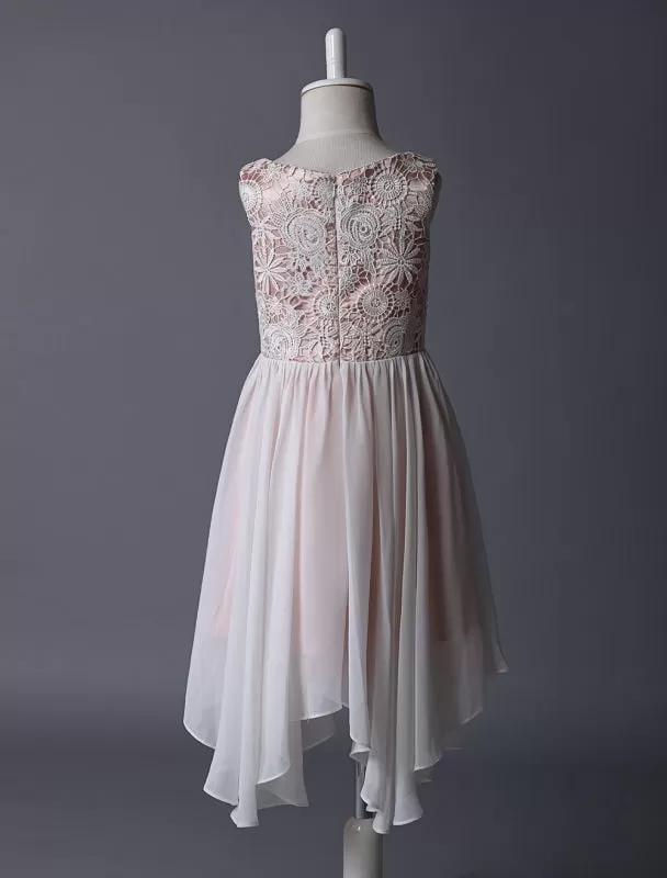 Boho Blush Pink Flower Girl Dress Tea Length Lace Chiffon Kids Party Dresses