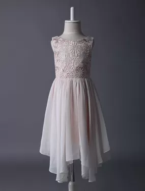 Boho Blush Pink Flower Girl Dress Tea Length Lace Chiffon Kids Party Dresses