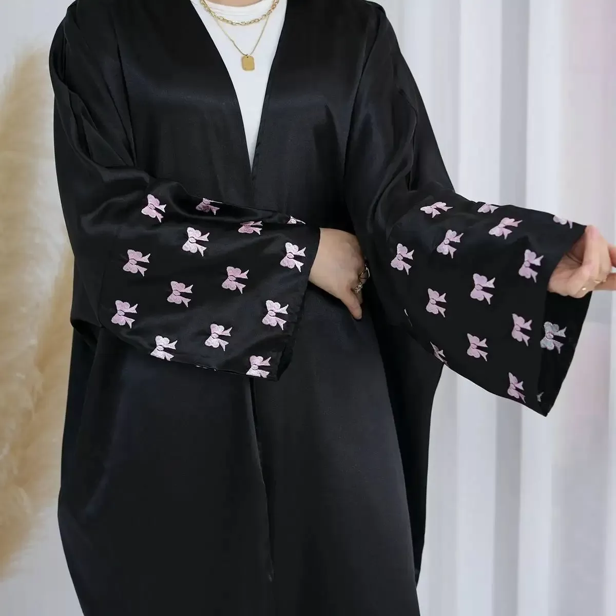 Bows Embroidery Sleeve Cardigan Open Abaya Dress