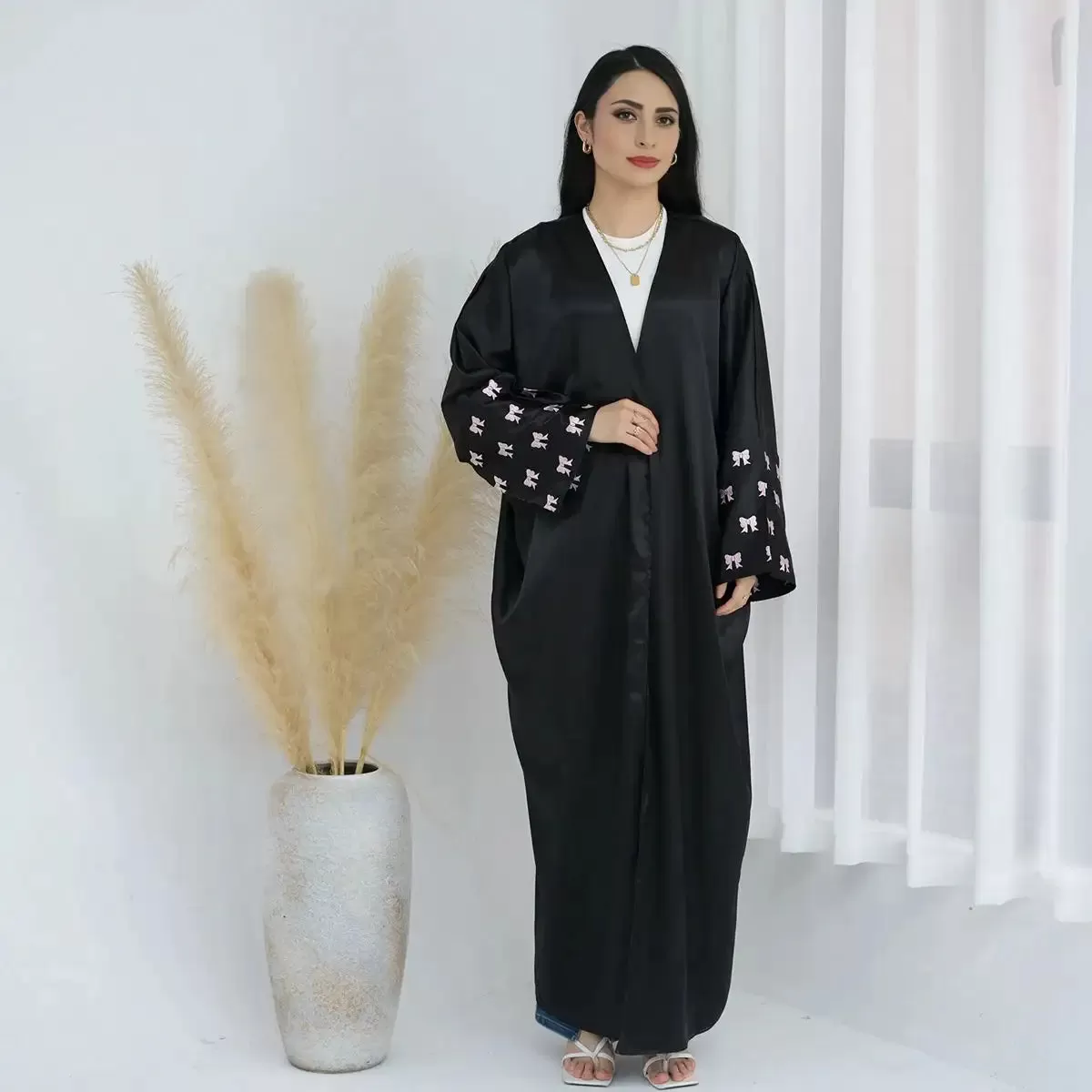 Bows Embroidery Sleeve Cardigan Open Abaya Dress