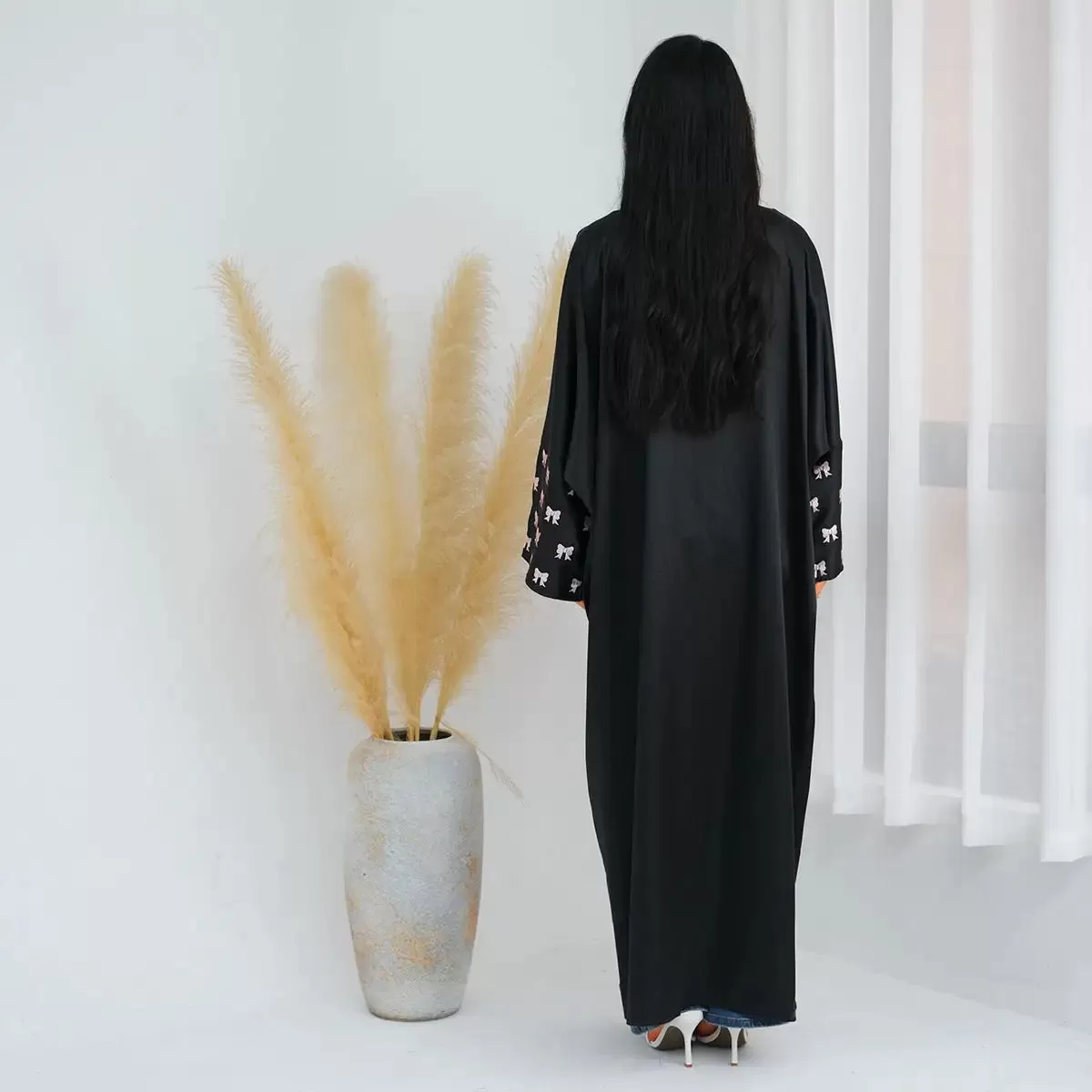 Bows Embroidery Sleeve Cardigan Open Abaya Dress