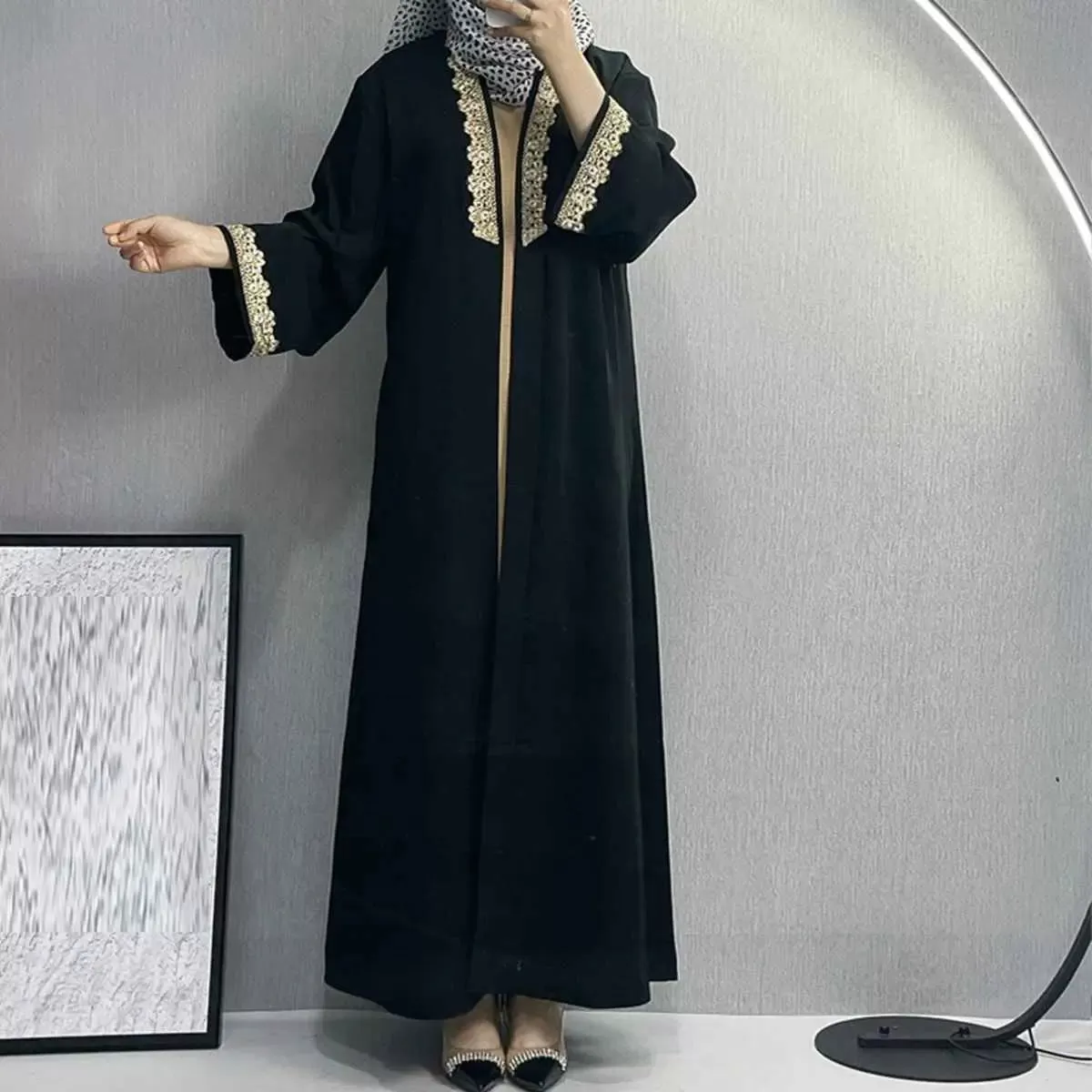 Broken Twill Embroidery Muslim Women Cardigan Open Abaya Dress