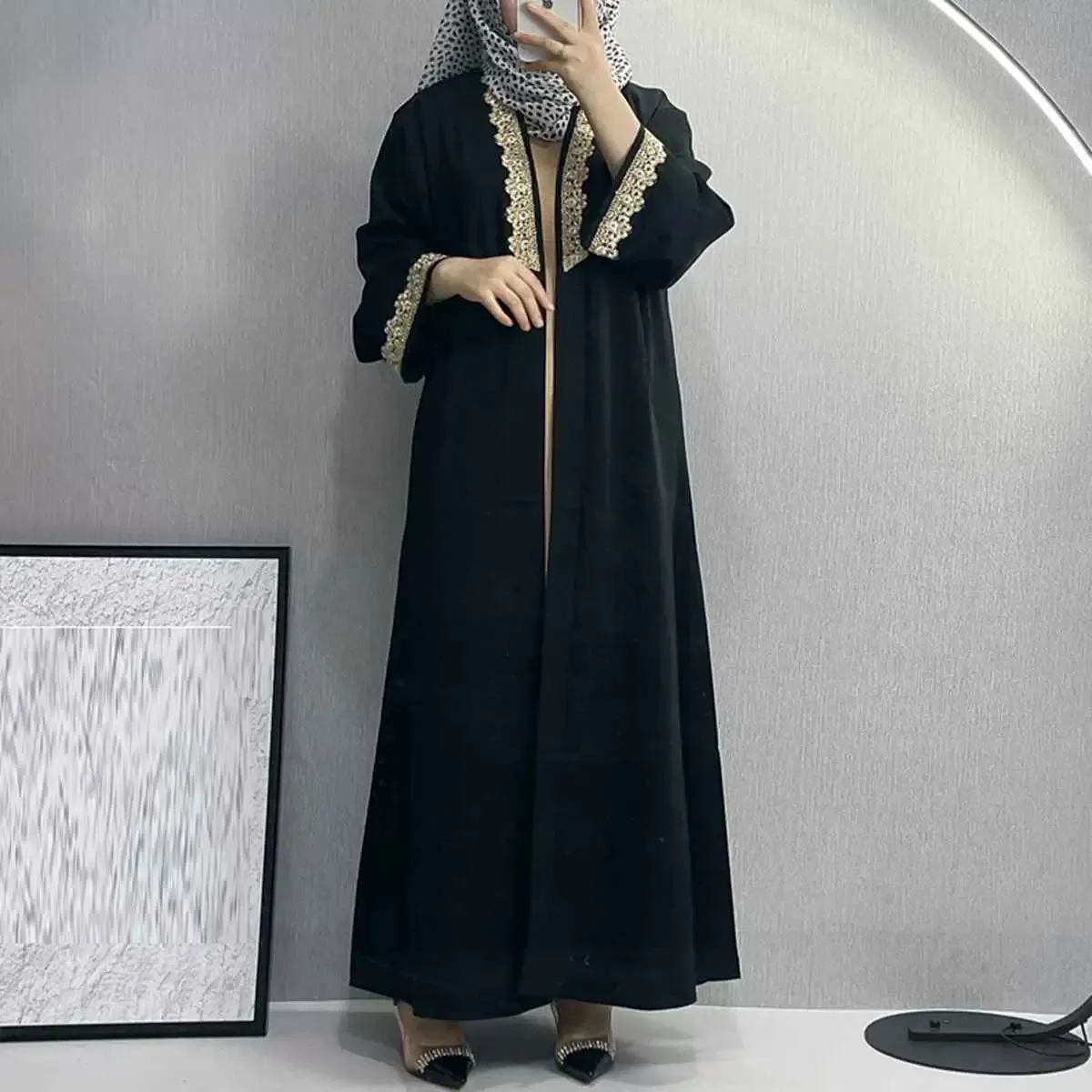 Broken Twill Embroidery Muslim Women Cardigan Open Abaya Dress