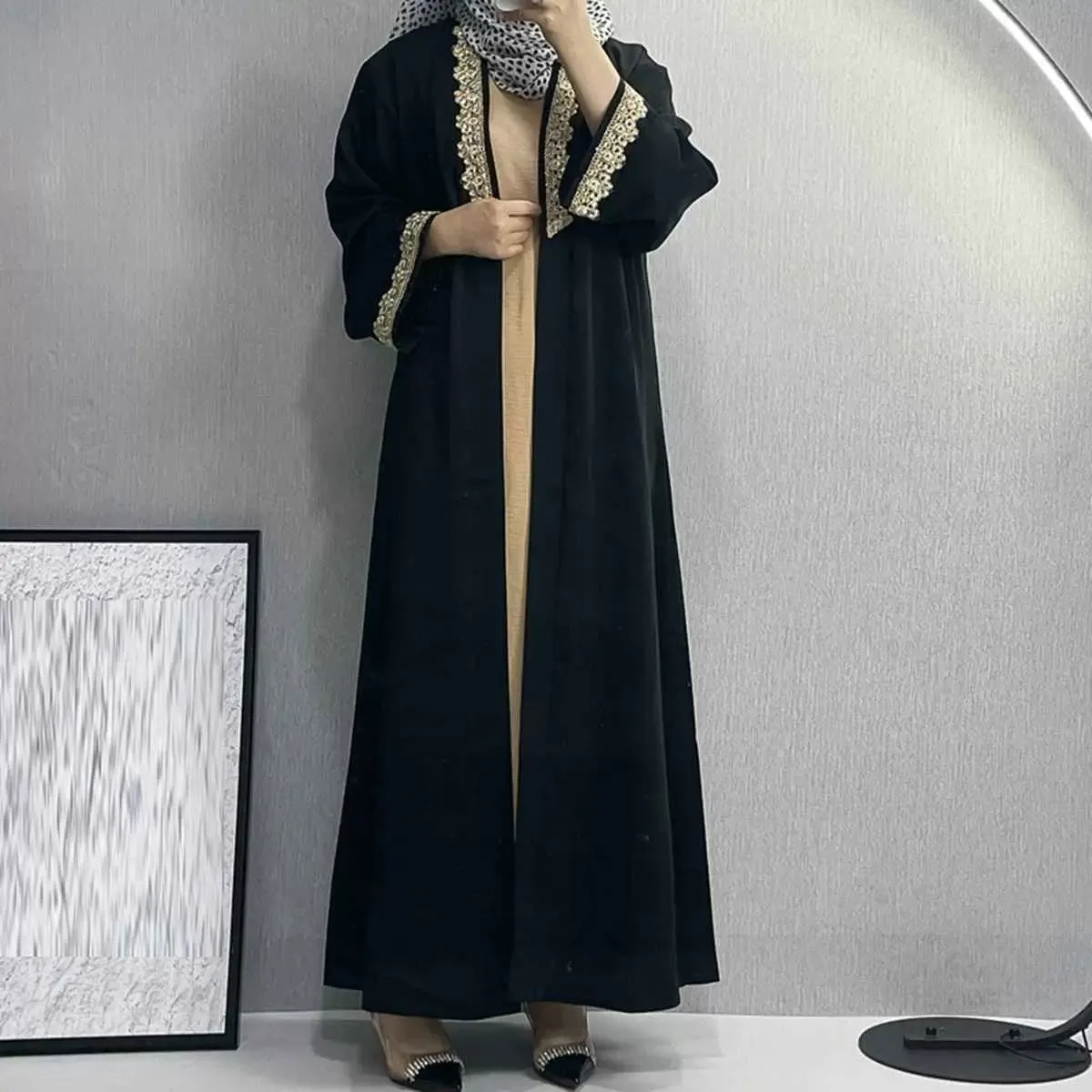 Broken Twill Embroidery Muslim Women Cardigan Open Abaya Dress