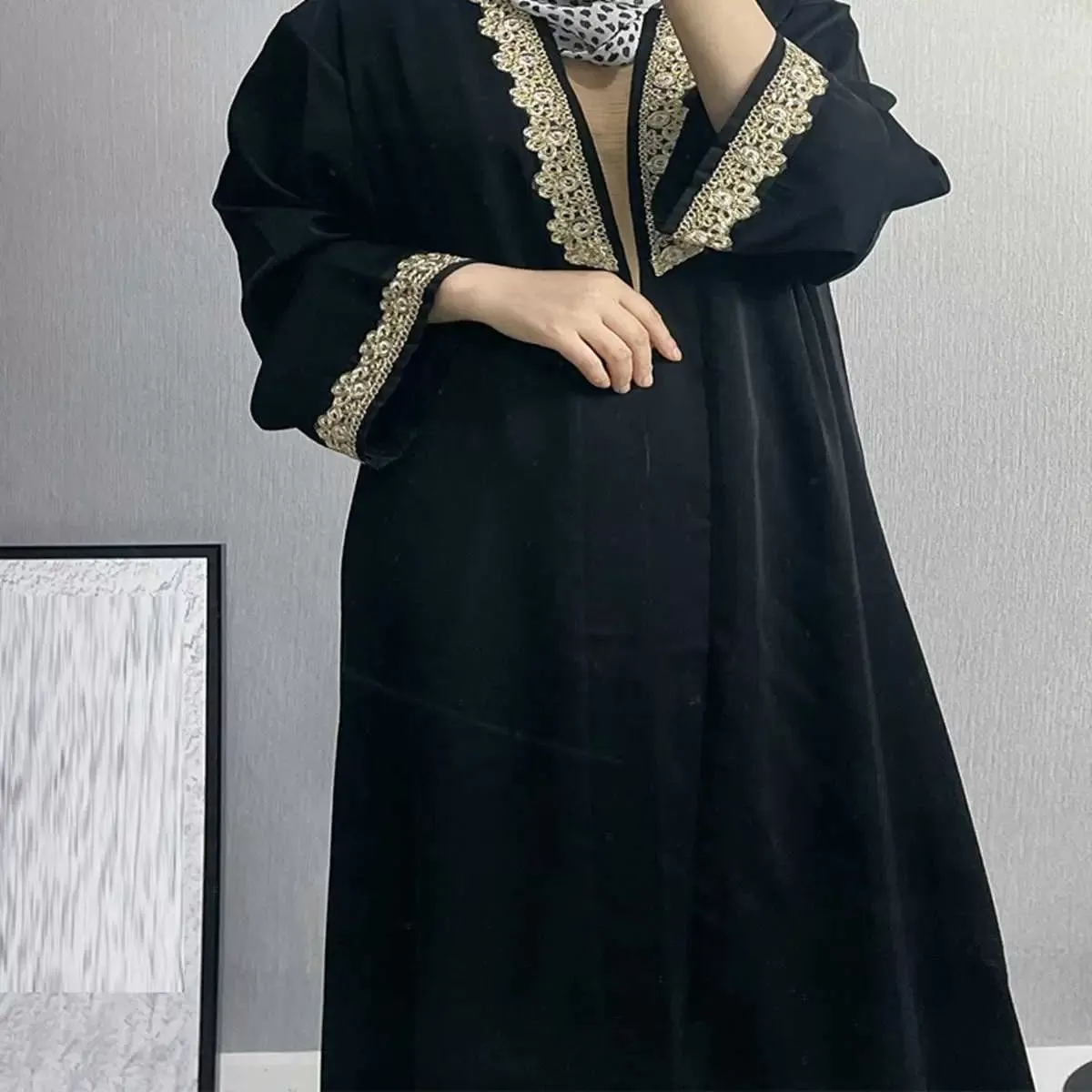 Broken Twill Embroidery Muslim Women Cardigan Open Abaya Dress