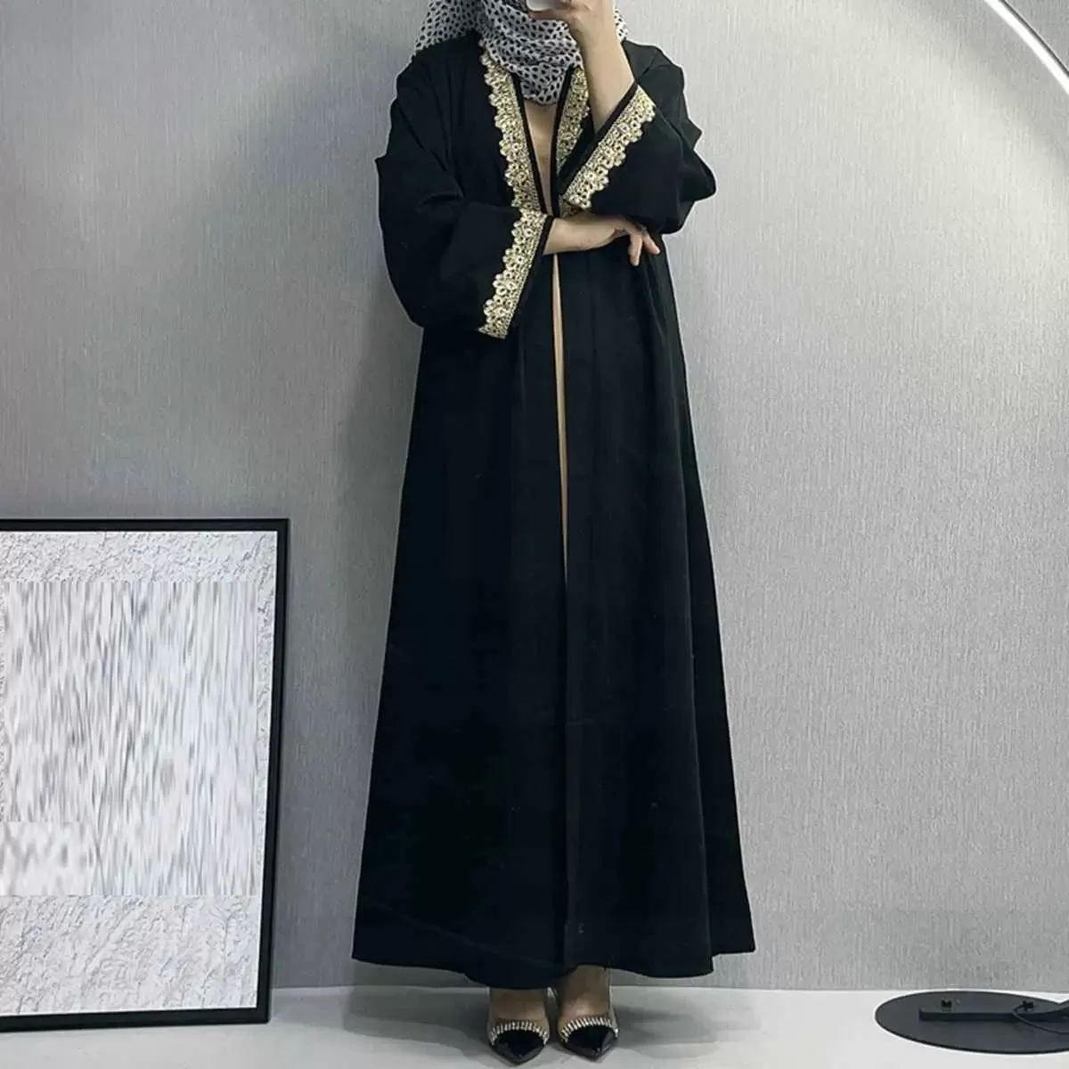 Broken Twill Embroidery Muslim Women Cardigan Open Abaya Dress