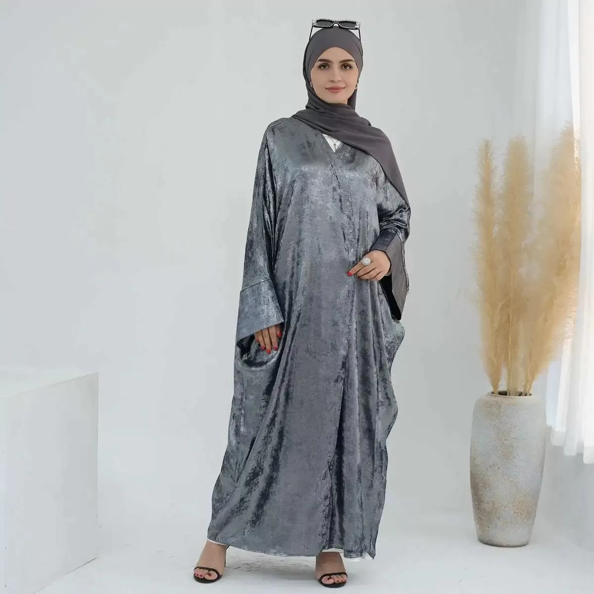 Bronzing Fabric Muslim Women Cardigan Open Abaya Dress