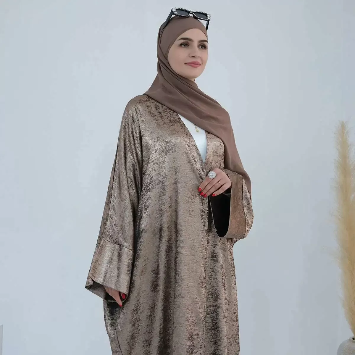 Bronzing Fabric Muslim Women Cardigan Open Abaya Dress