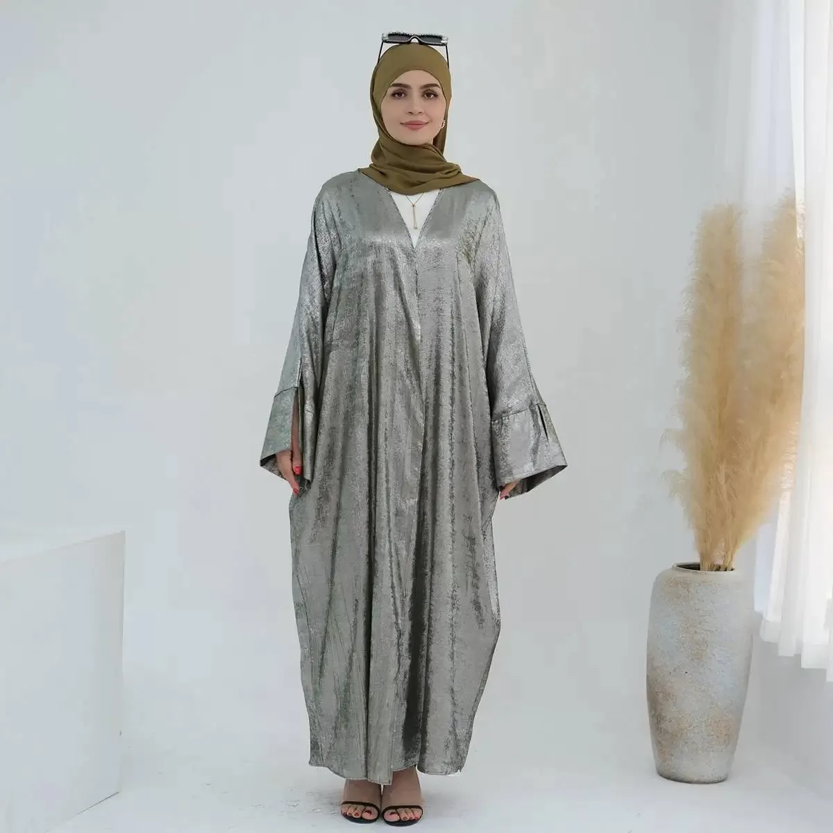 Bronzing Fabric Muslim Women Cardigan Open Abaya Dress