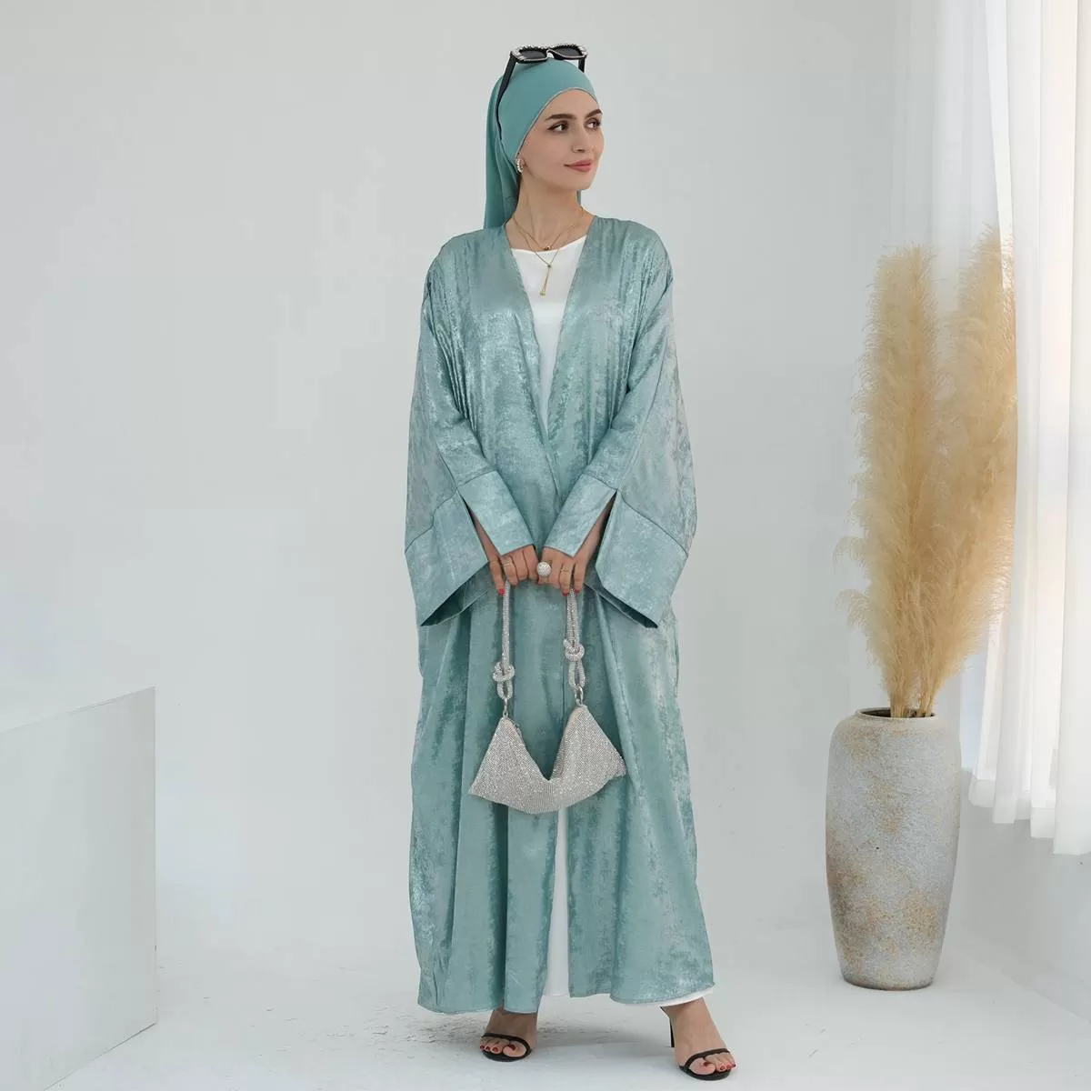 Bronzing Fabric Muslim Women Cardigan Open Abaya Dress