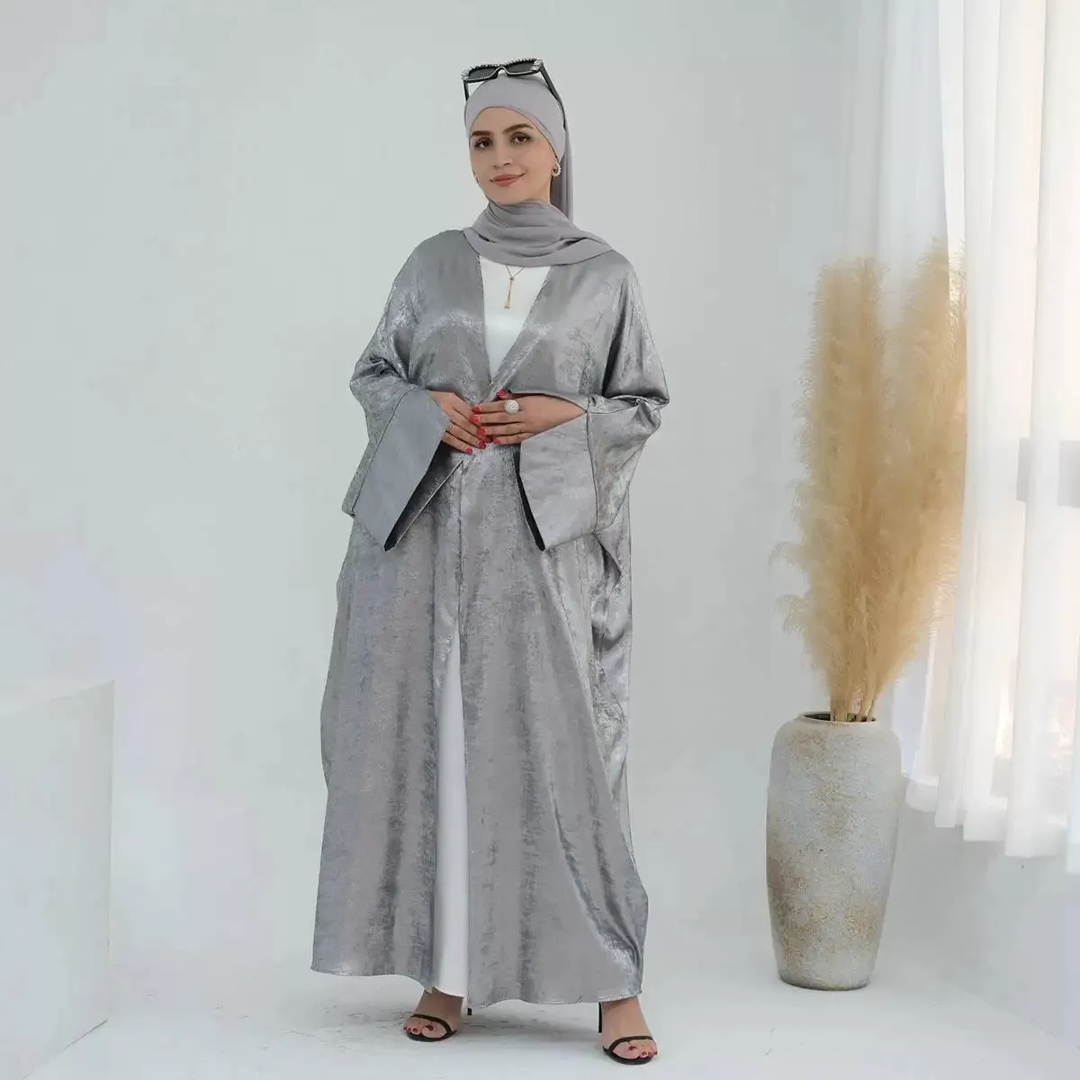 Bronzing Fabric Muslim Women Cardigan Open Abaya Dress