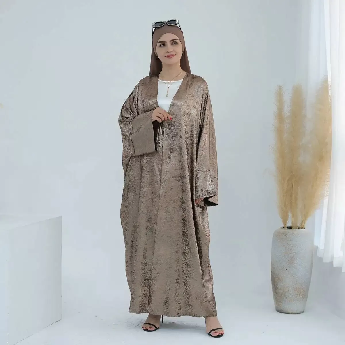 Bronzing Fabric Muslim Women Cardigan Open Abaya Dress