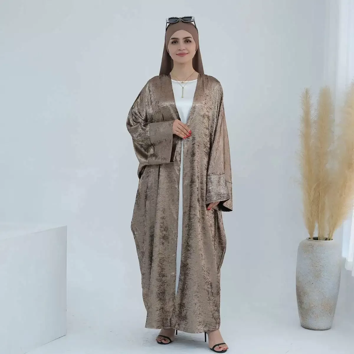 Bronzing Fabric Muslim Women Cardigan Open Abaya Dress