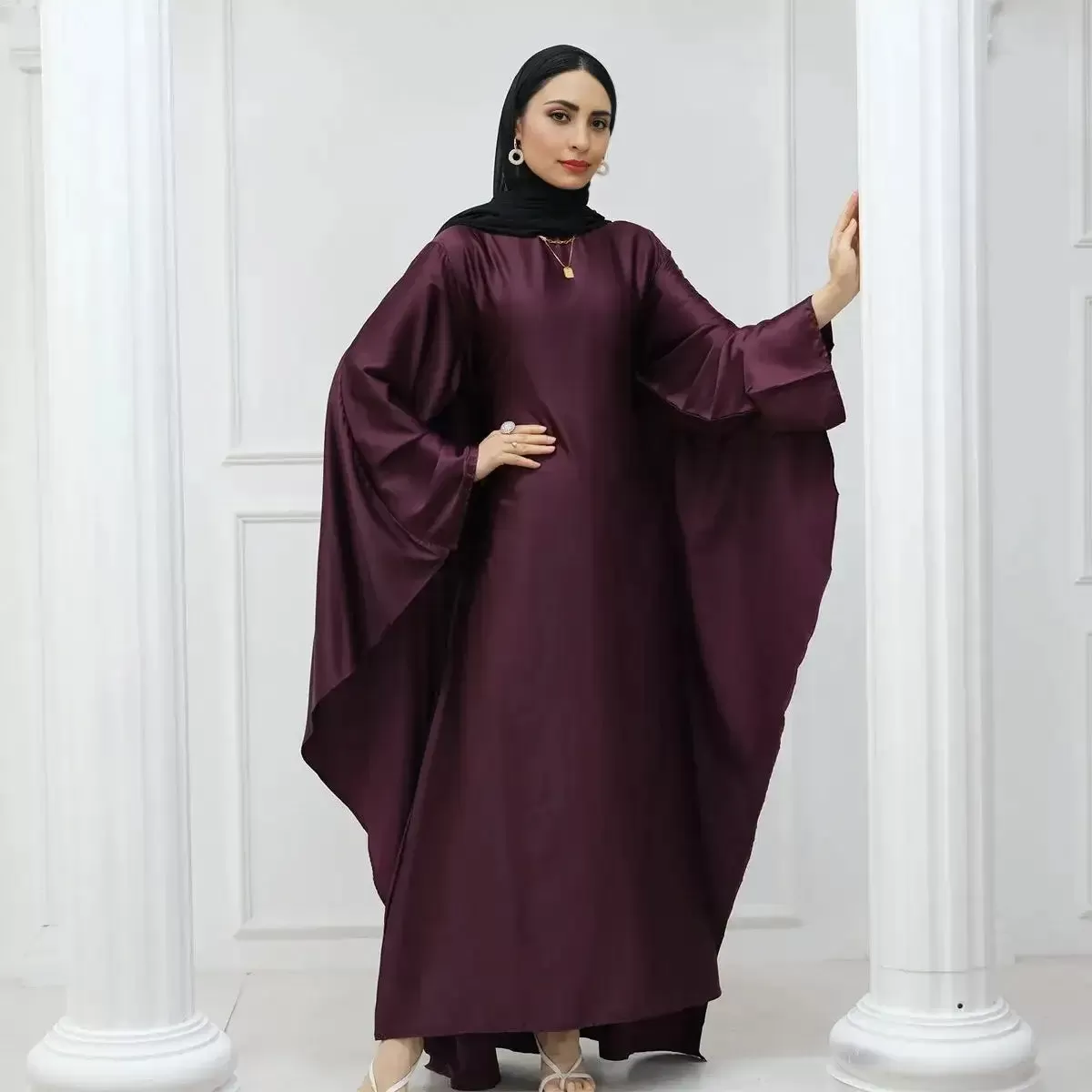 Butterfly Batwing Sleeve Satin Farasha Abaya Dress With Inner Belt