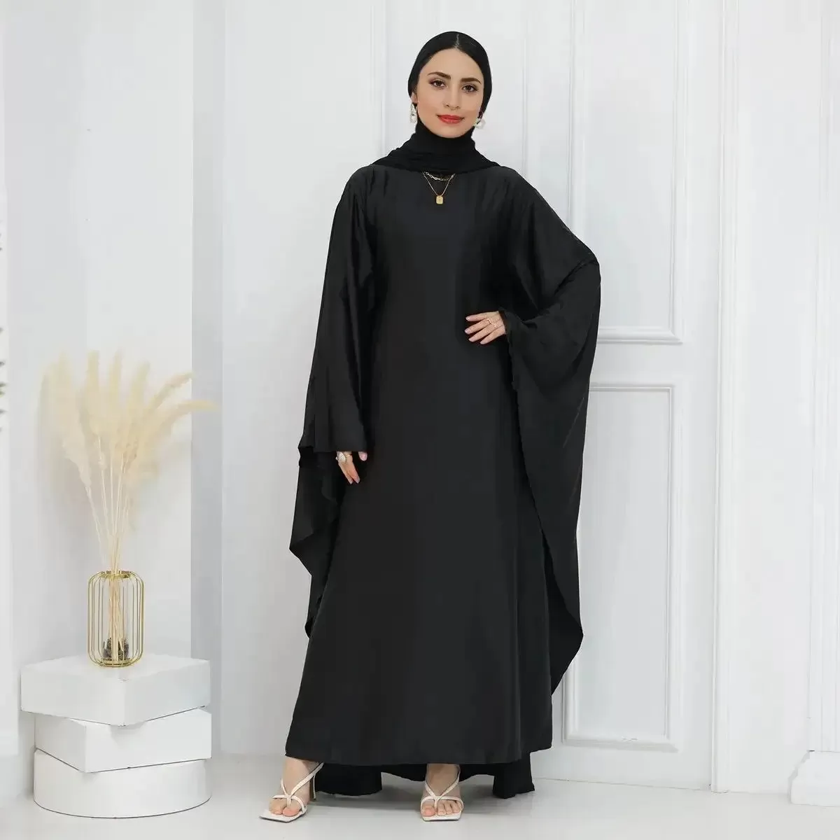 Butterfly Batwing Sleeve Satin Farasha Abaya Dress With Inner Belt