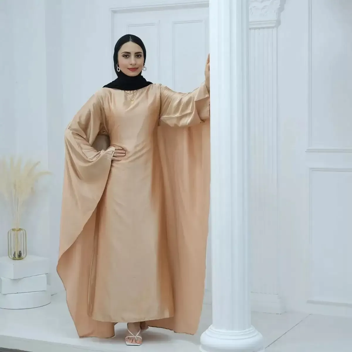 Butterfly Batwing Sleeve Satin Farasha Abaya Dress With Inner Belt