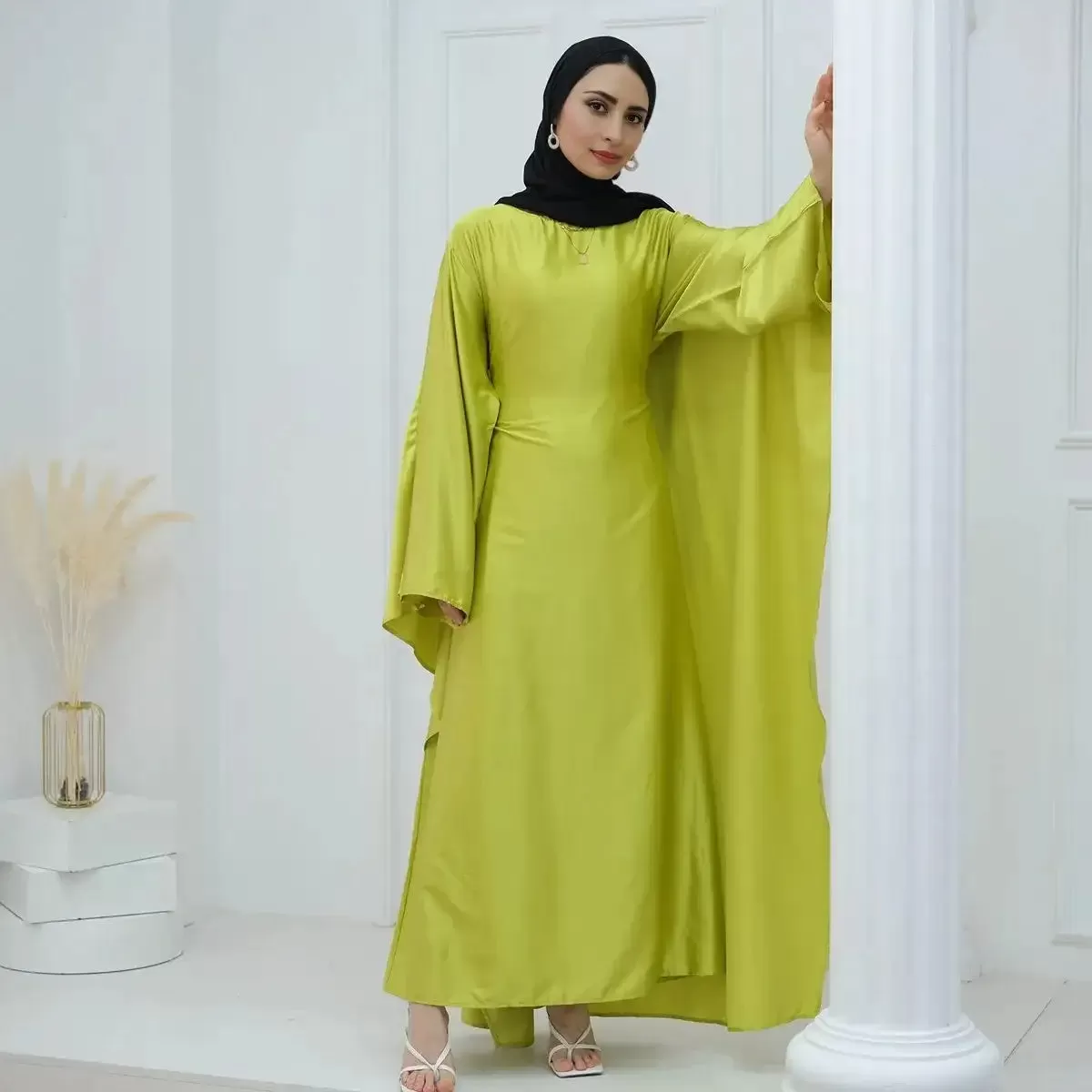 Butterfly Batwing Sleeve Satin Farasha Abaya Dress With Inner Belt