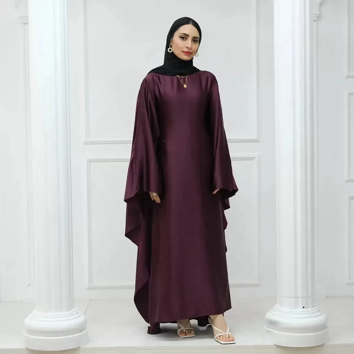 Butterfly Batwing Sleeve Satin Farasha Abaya Dress With Inner Belt