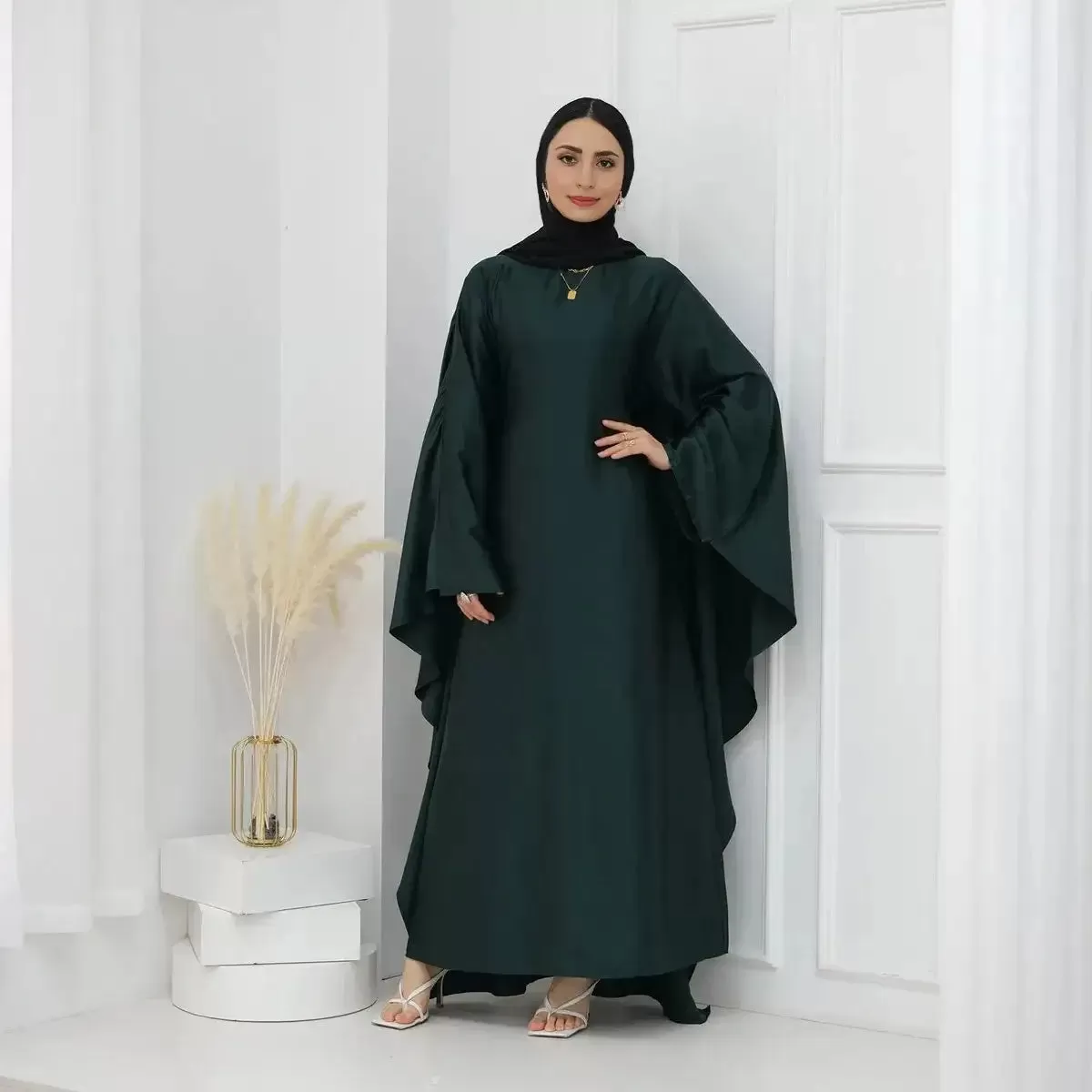 Butterfly Batwing Sleeve Satin Farasha Abaya Dress With Inner Belt